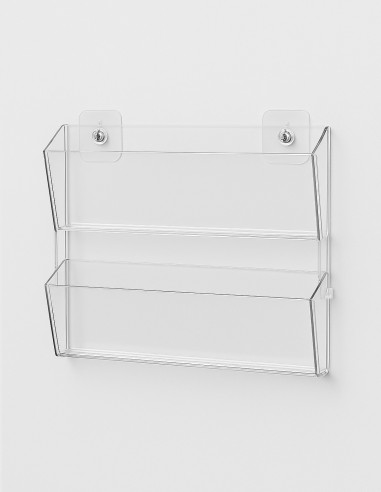 Expositor transparente de pared con 2 bandejas escalonadas para mostrar tarjetas de visita o folletos comerciales